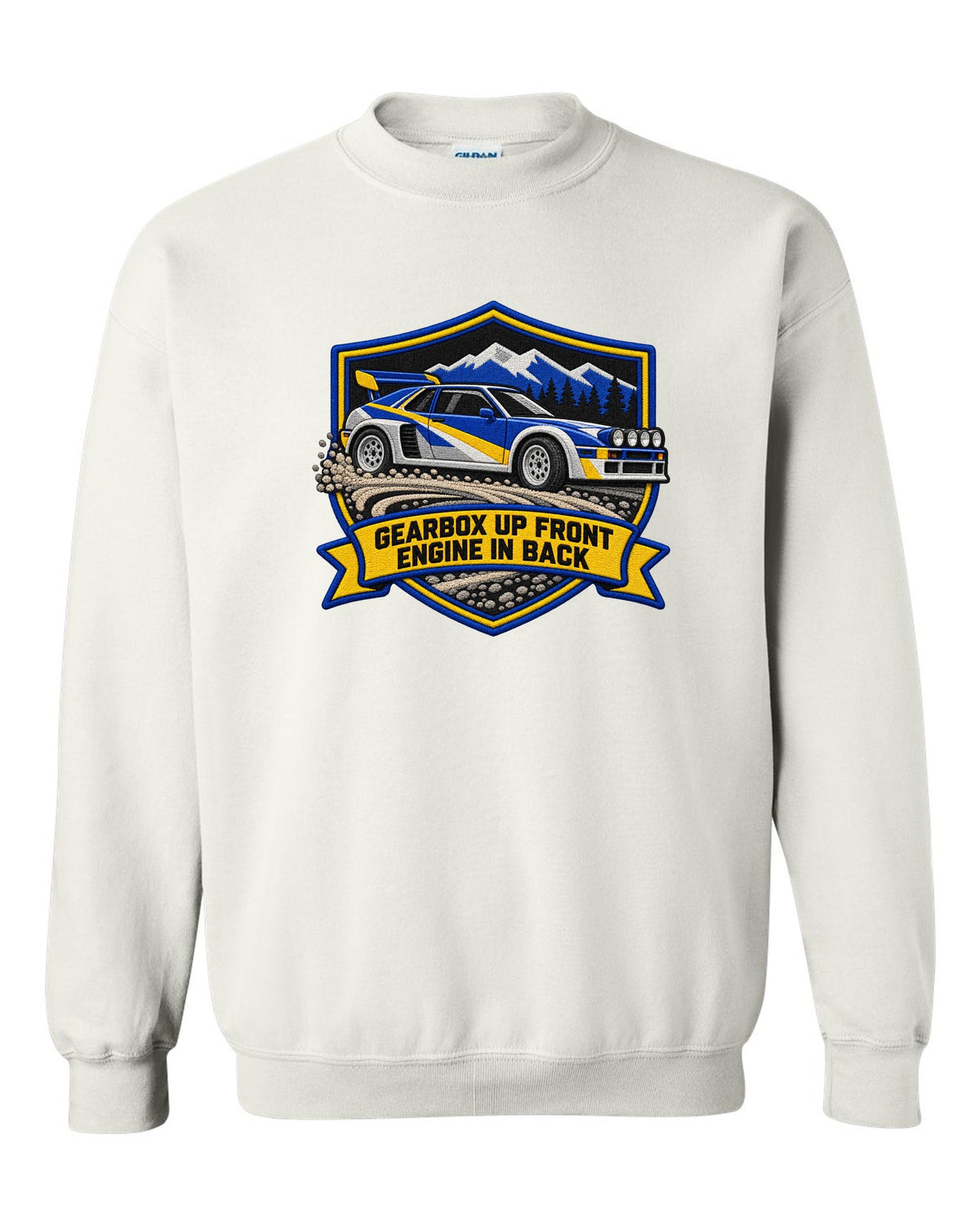 Varsity crest print of the Ford RS200 with gearbox up front, engine in back text white crewneck front view with the design