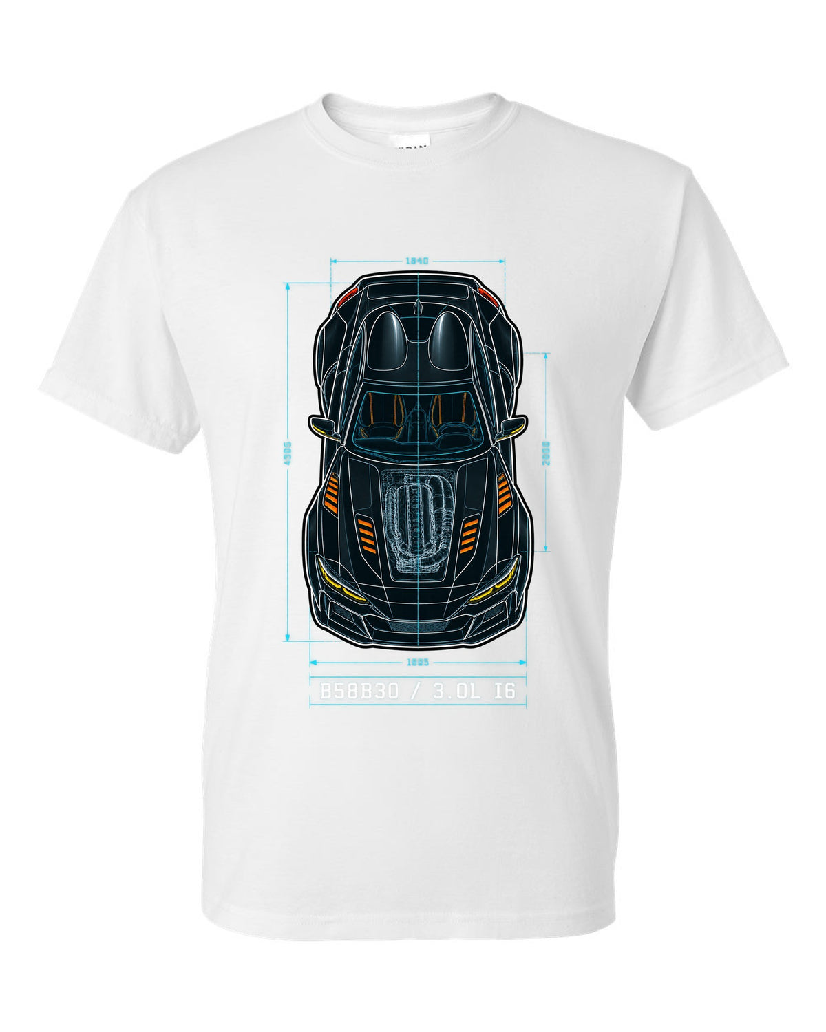 Patent-style overhead blueprint of the B58B30 3.0L inline-six in the Toyota GR Supra A90 white t-shirt front view with the design