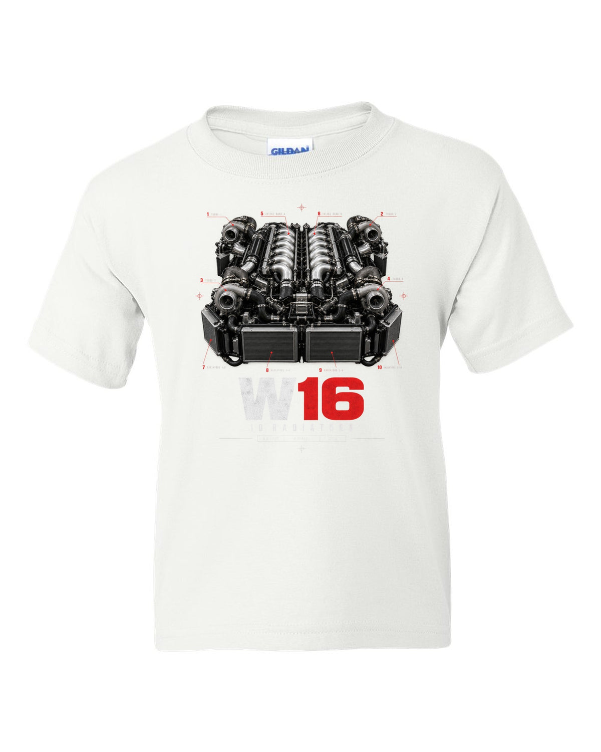 Bugatti Veyron 16.4 W16 engine poster with ten radiators white kids tee front view with the design