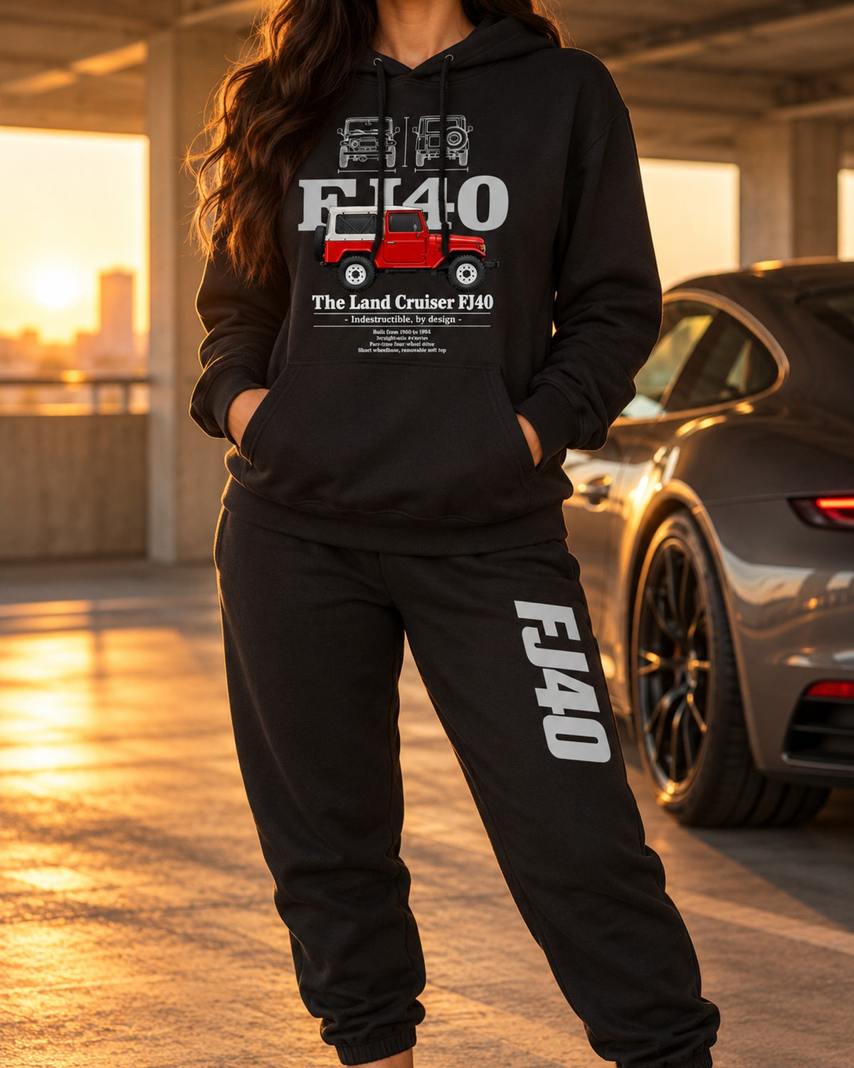 Land Cruiser FJ40 Hoodie + Jogger Set Black worn hero