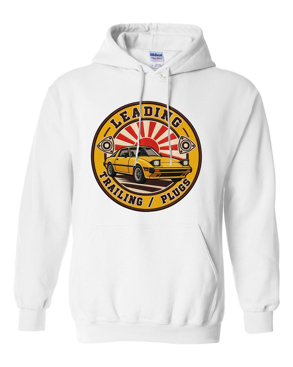 Embroidery-style roundel crest of a Mazda RX-7 SA22C with rotary plug text white pull over hoodie front view with the design