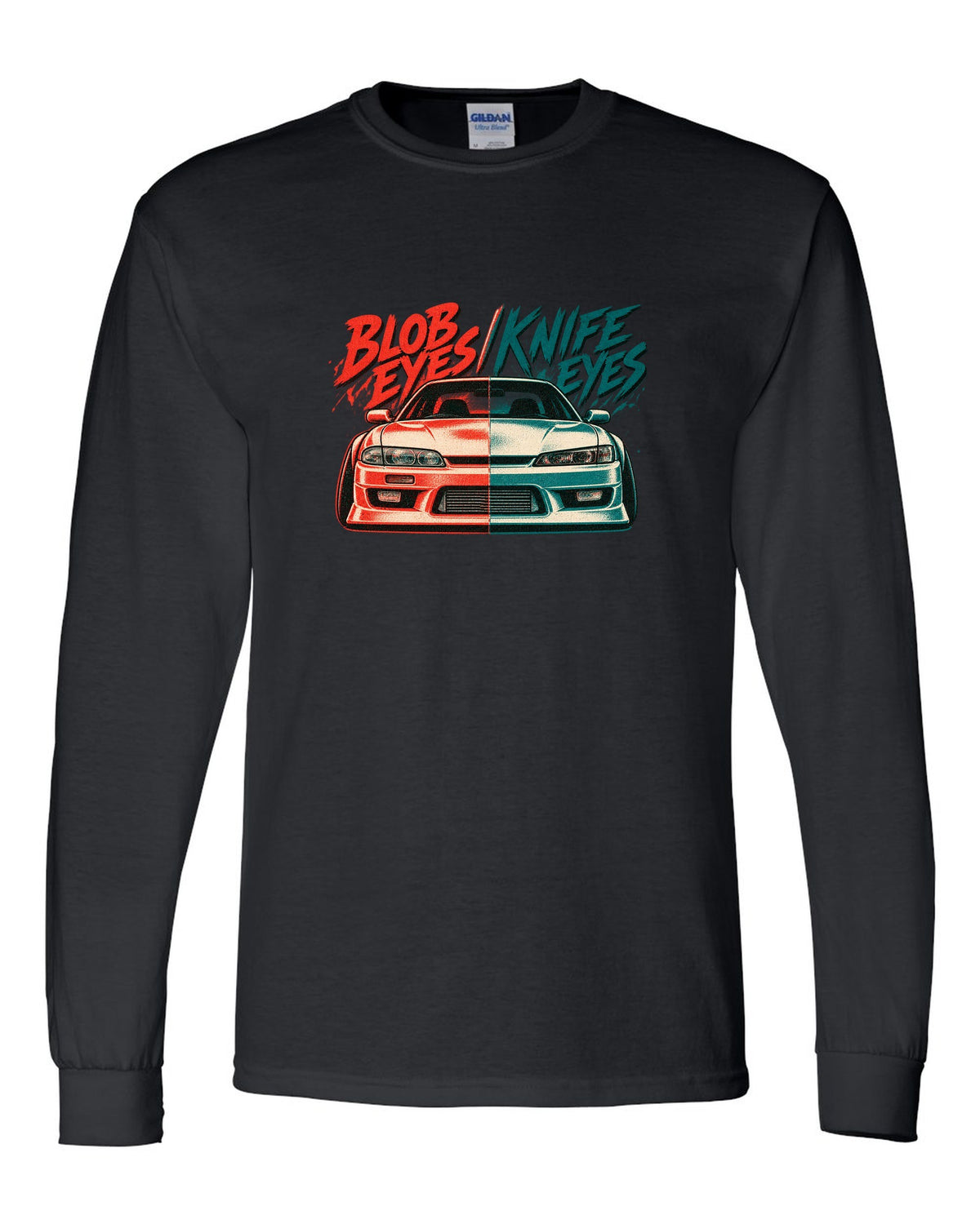 Risograph two-colour print comparing Nissan Silvia S14 zenki and kouki front ends black long sleeve front view with the design