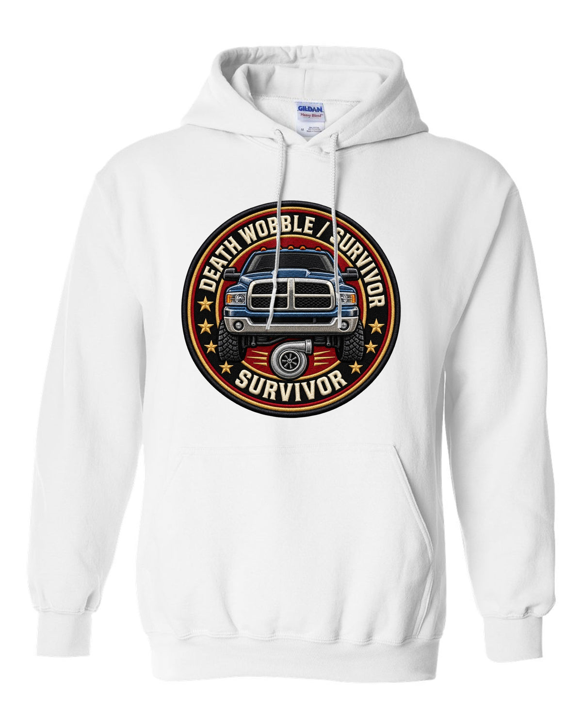 Round varsity crest print for the 2003-2009 Dodge Ram 2500 Cummins reading death wobble survivor white pull over hoodie front view with the design