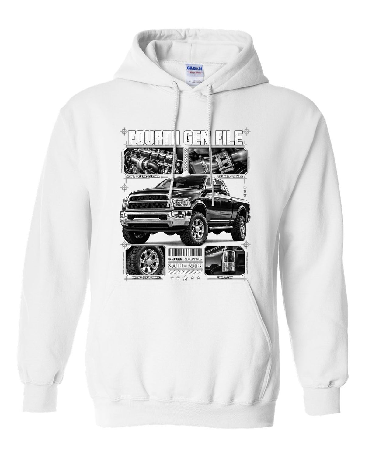 Blueprint dossier print of a 2010-2018 Ram 2500 fourth generation turbo diesel pickup white pull over hoodie front view with the design