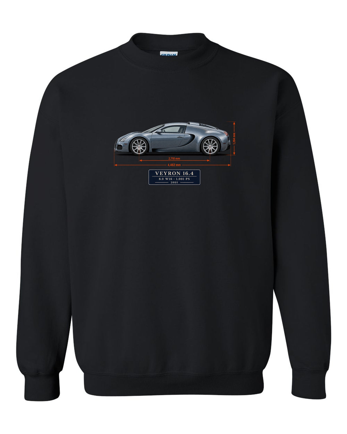 Bugatti Veyron 16.4 dimension blueprint print with size and engine specs black crewneck front view with the design