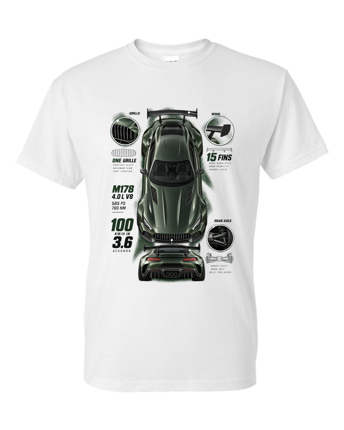 Spec poster print of a Mercedes-AMG GT R C190 with 100 km/h in 3.6 and 15 fins lettering white t-shirt front view with the design