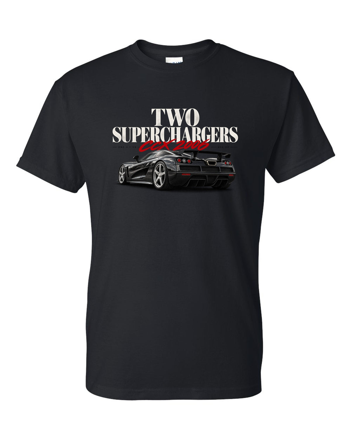Koenigsegg CCX 2006 editorial headline with two superchargers black t-shirt front view with the design