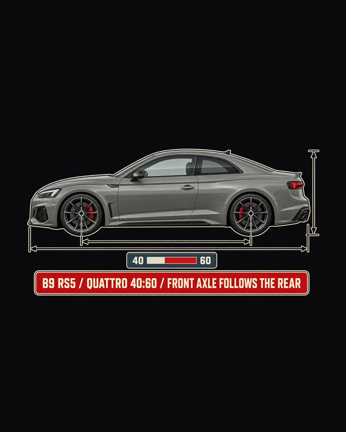 Audi RS5 Coupe B9 Facelift Dimension Blueprint, Quattro 40:60 Shirt design only