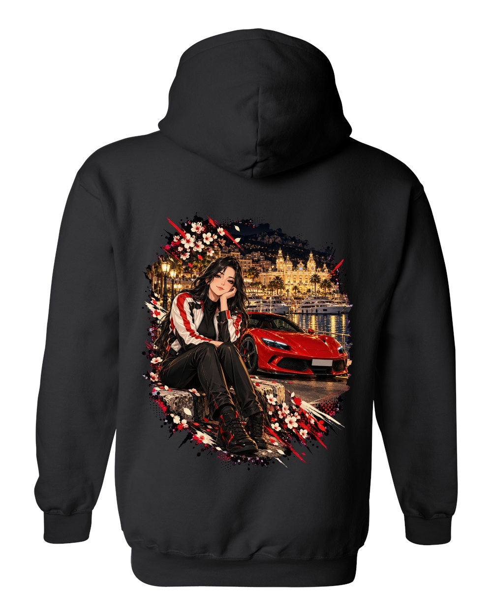 Ferrari 296 GTB Anime Girl Pull Over Hoodie Black back