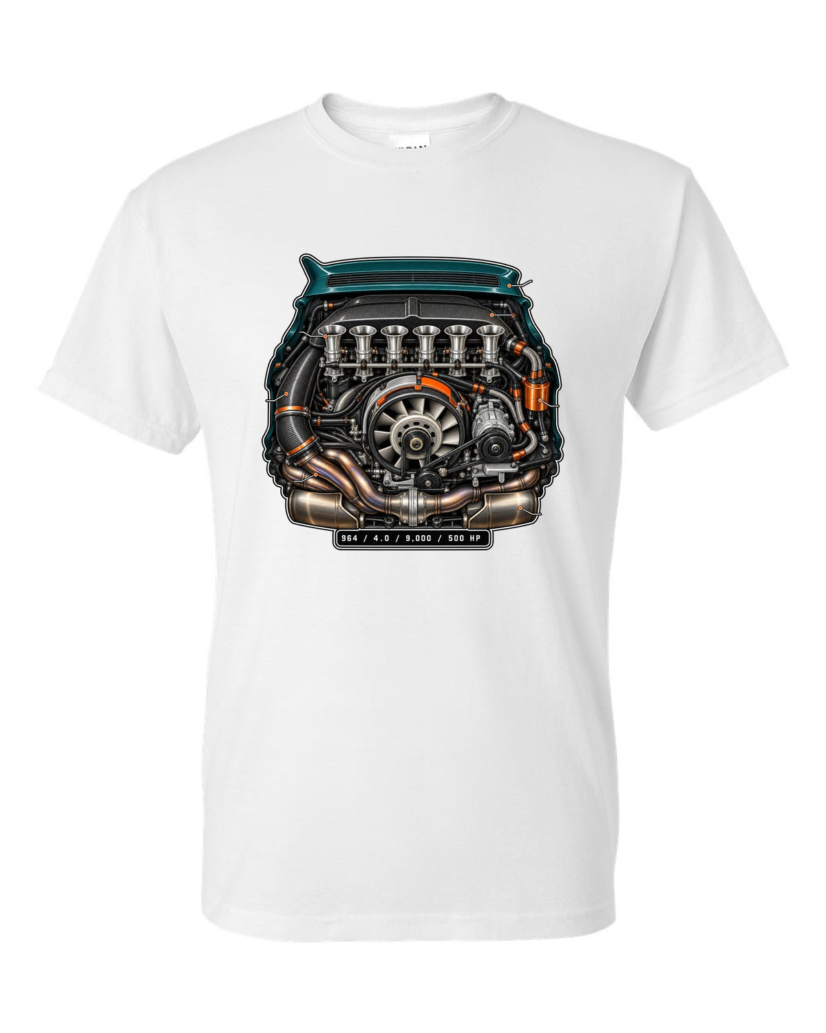 Porsche 911 SC 3.0 embroidery-style crest design reading head stud roulette white t-shirt front view with the design