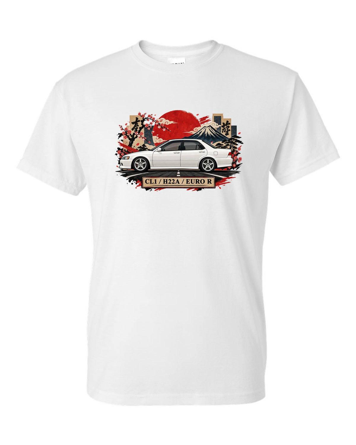 Japanese kanji plate collage print for the Honda Accord Euro R CL1 with H22A text white t-shirt front view with the design