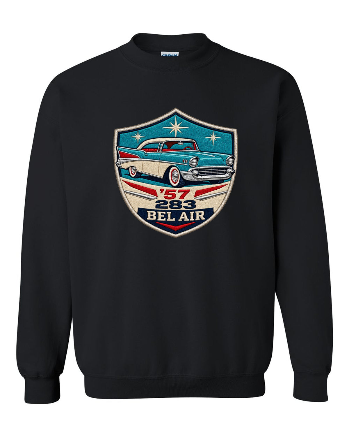 Original shield crest print for a 1957 Chevrolet Bel Air with 283 lettering black crewneck front view with the design