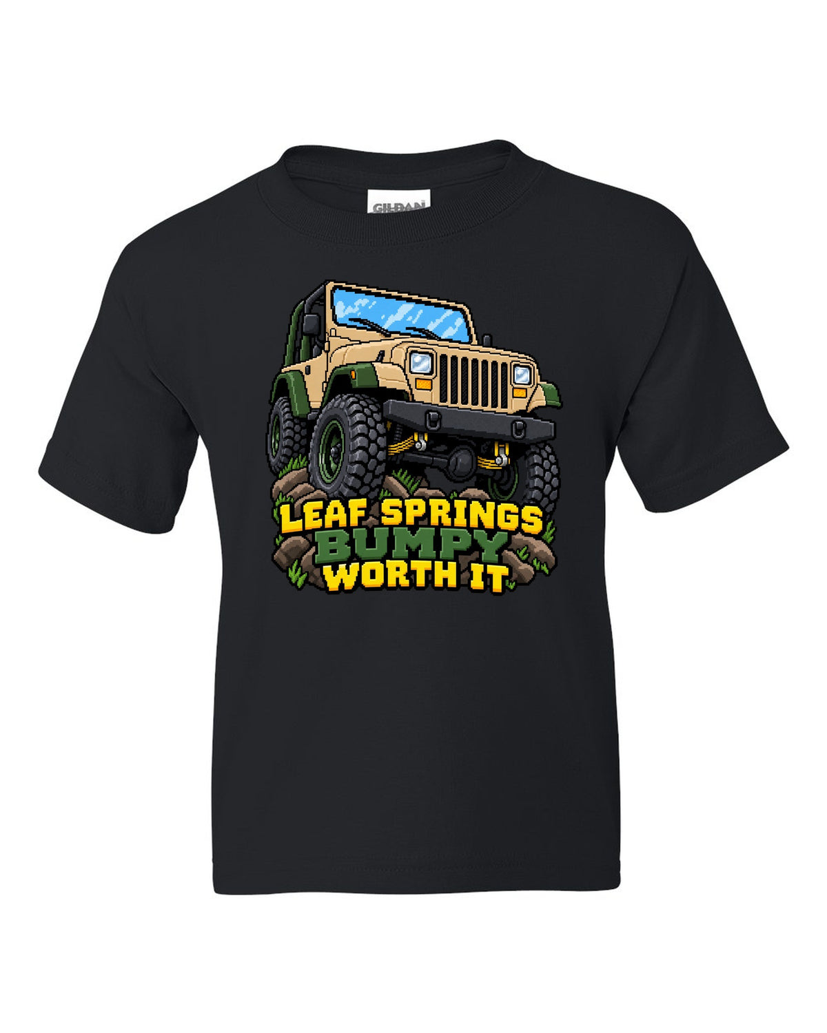 16-bit pixel art illustration of a Jeep Wrangler YJ with LEAF SPRINGS BUMPY WORTH IT lettering black kids tee front view with the design