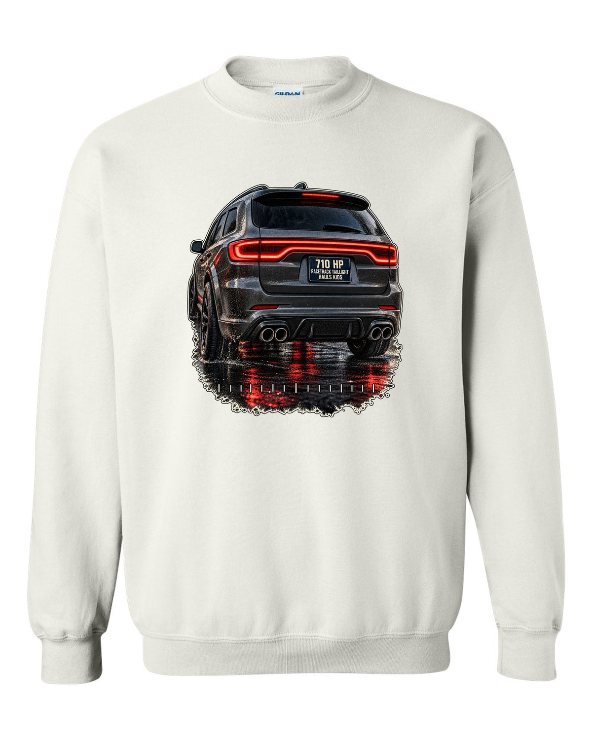 print of a Dodge Durango SRT Hellcat taillight close-up white crewneck front view with the design