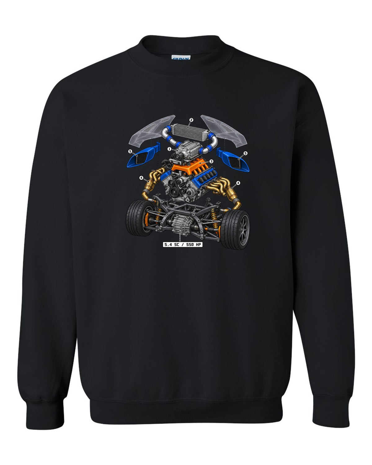 Ford GT 2005-2006 supercharged V8 in an isometric exploded view print black crewneck front view with the design