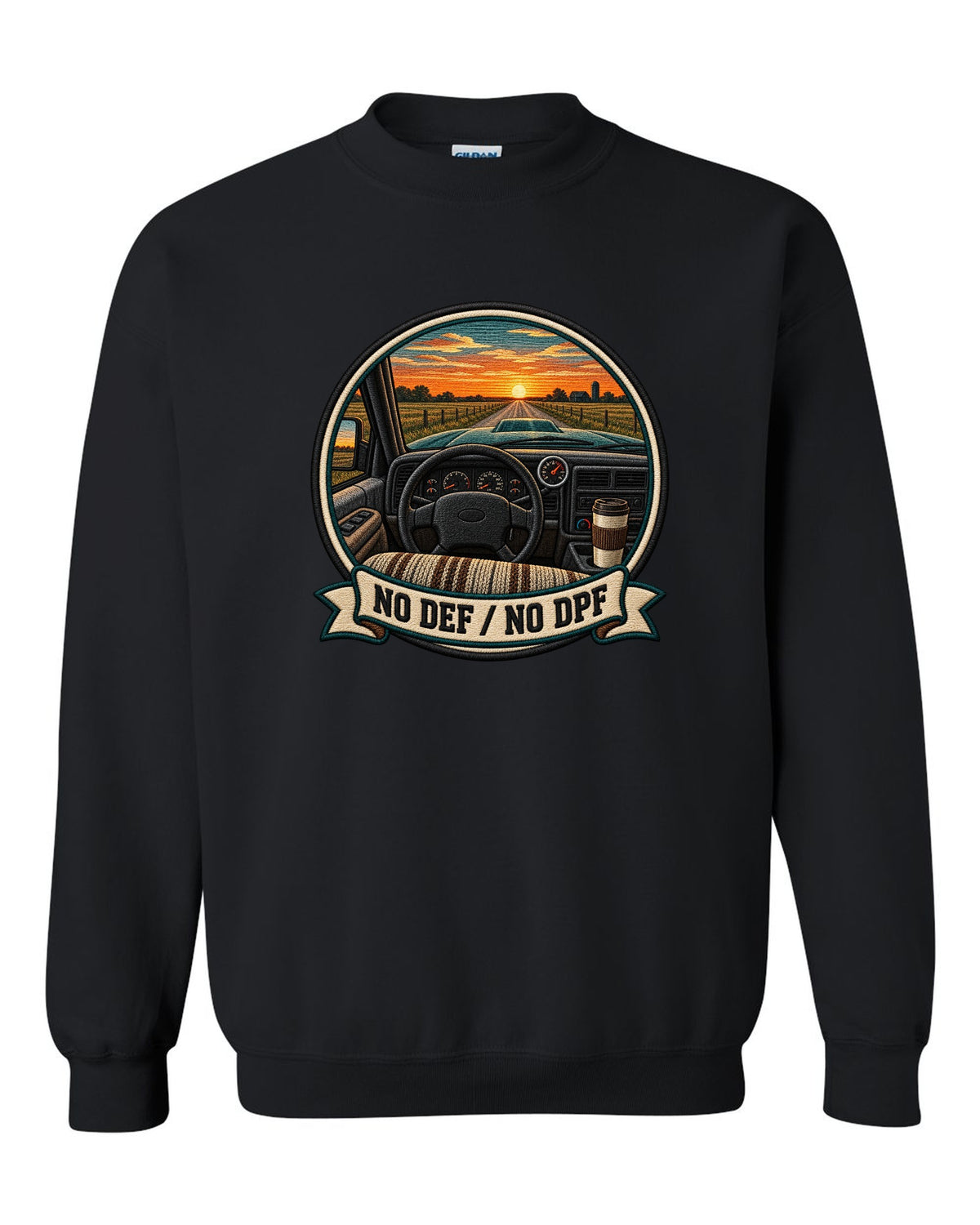 Varsity crest design of a 1998.5-2002 Dodge Ram 2nd gen 24V cab interior with the words No DEF No DPF black crewneck front view with the design