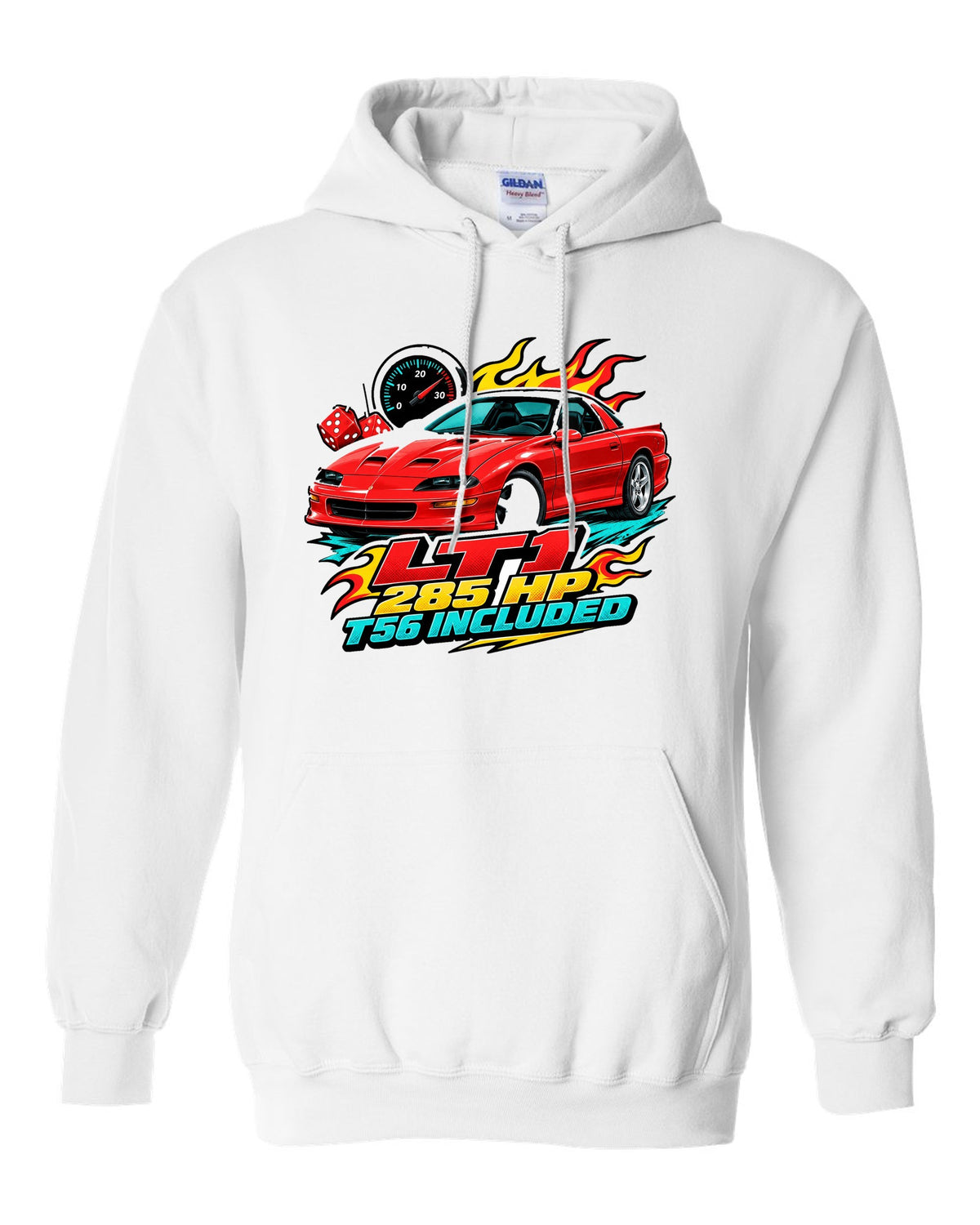 1996 Chevrolet Camaro Z28 LT1 sticker-bomb collage print with 285 HP T56 text white pull over hoodie front view with the design