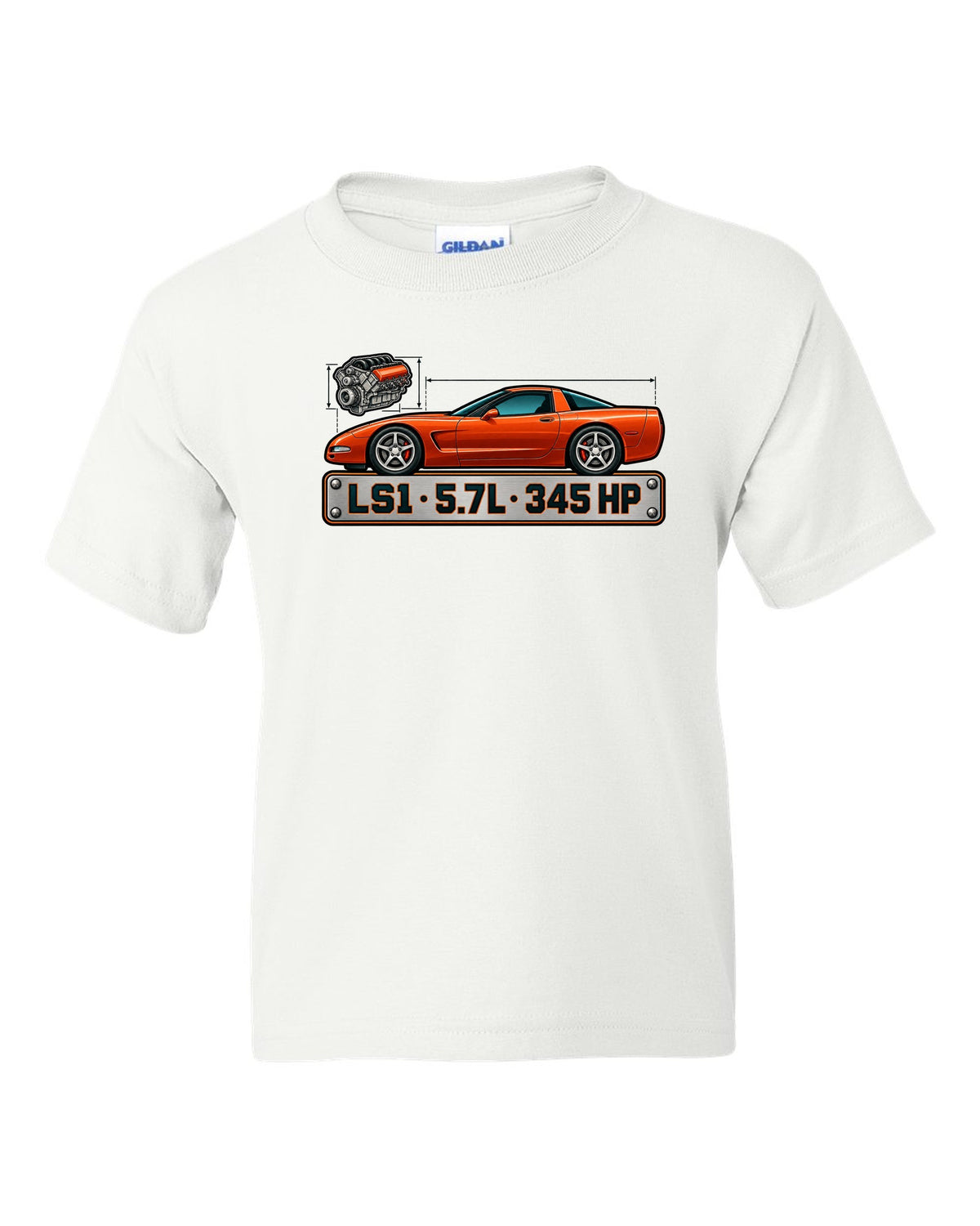Spec-sheet style print of a 1997 Chevrolet Corvette C5 coupe with LS1 5.7L 345 HP lettering white kids tee front view with the design