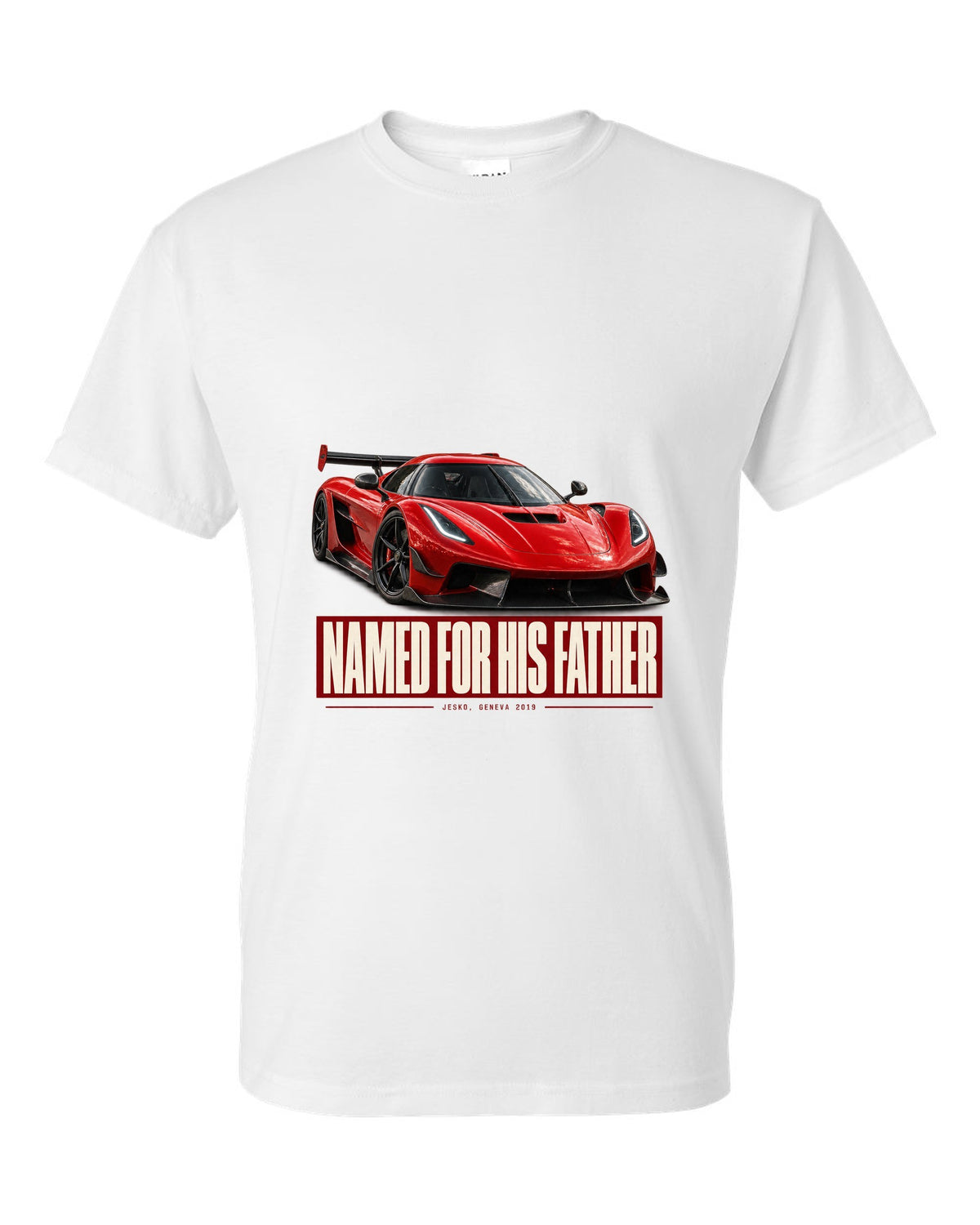 Editorial headline poster of a Koenigsegg Jesko Attack front three-quarter, print white t-shirt front view with the design