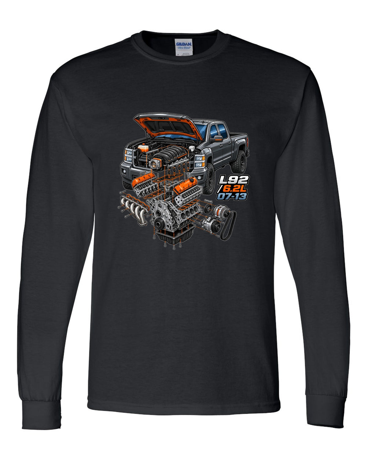 Isometric exploded engine cutaway print for a 2007-2013 Chevrolet Silverado GMT900 with L92 6.2L text black long sleeve front view with the design