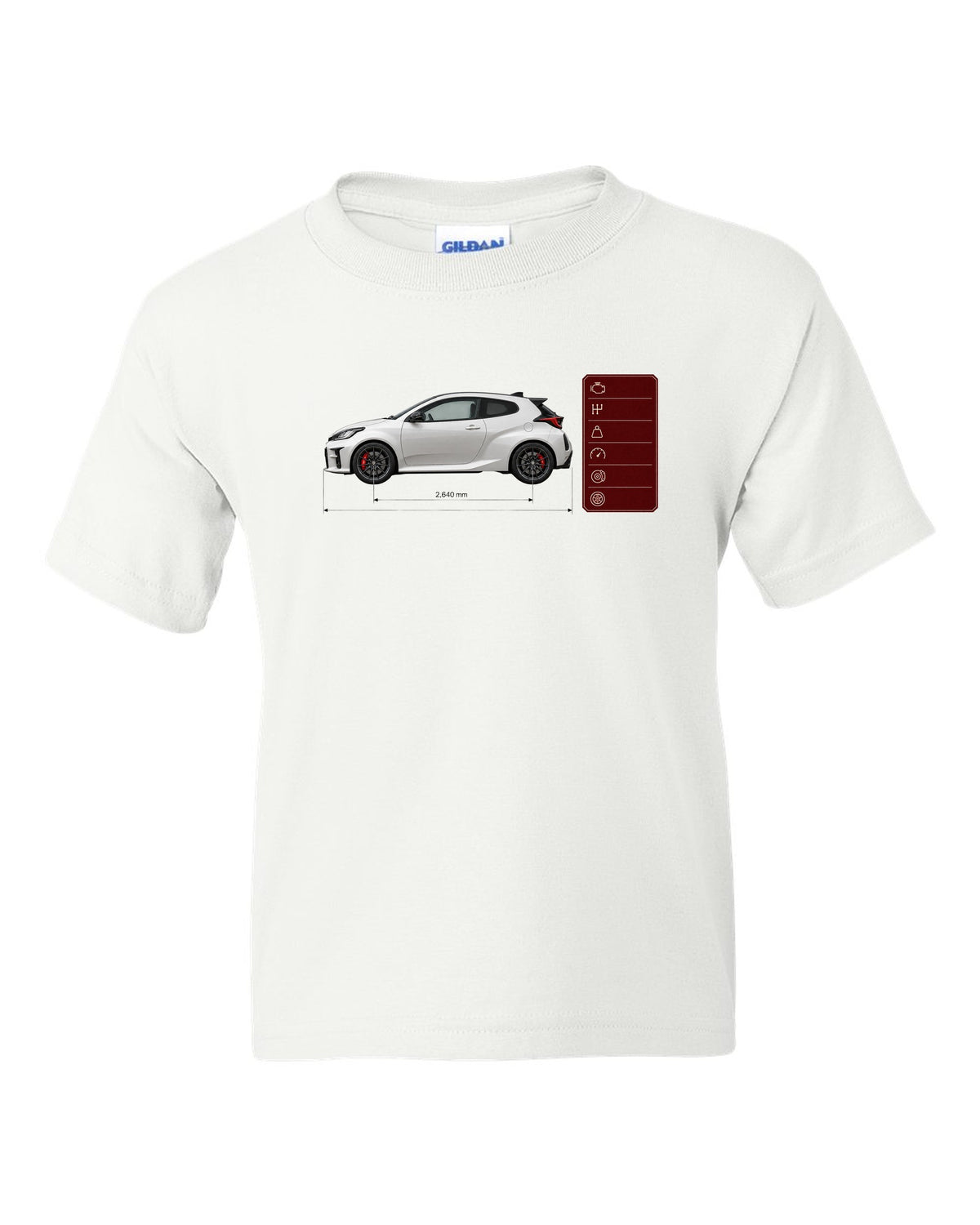 Pearl white-grey Toyota GR Yaris Circuit Package spec poster with homologation text white kids tee front view with the design