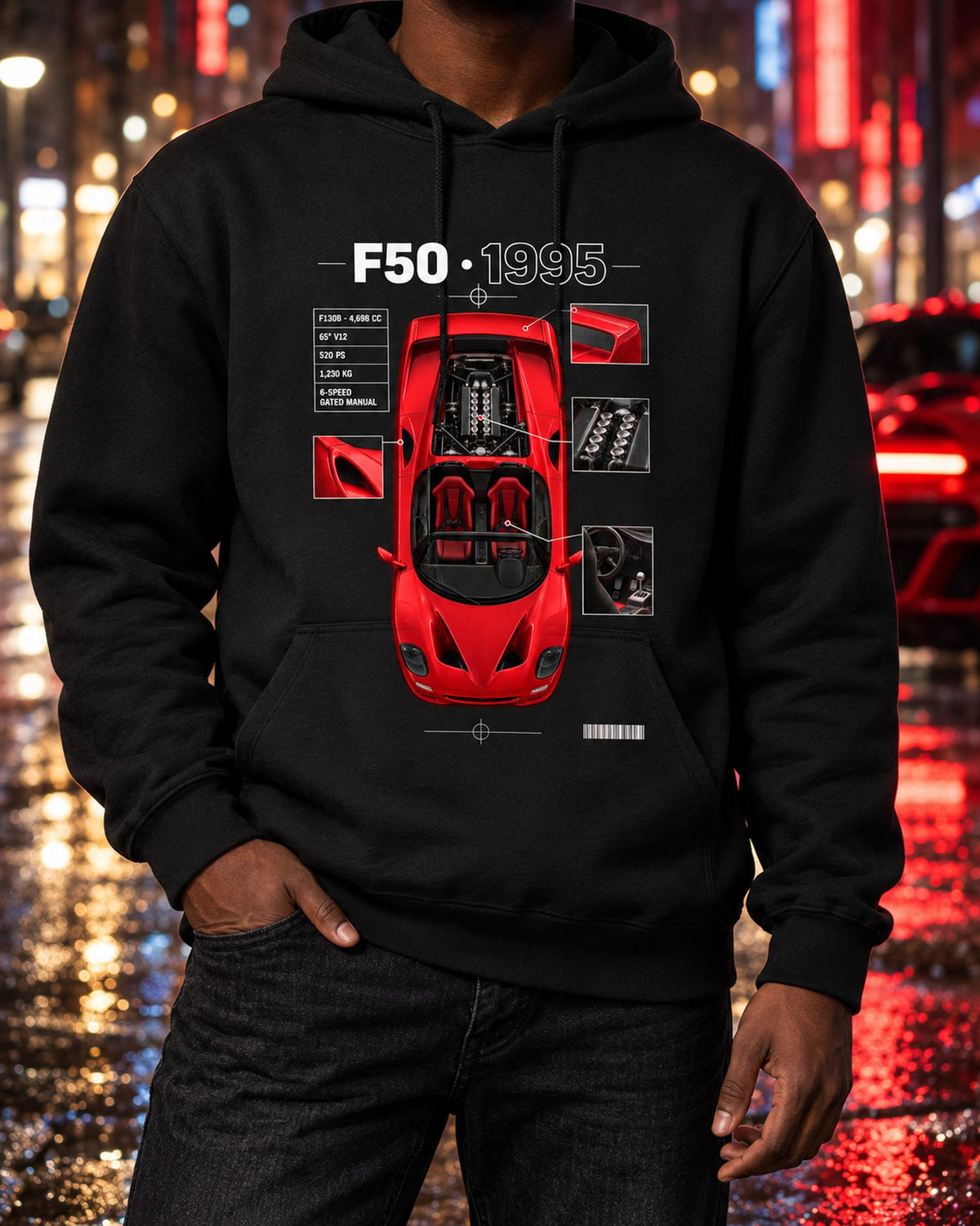 Ferrari F50 F130B Top-Down Spec Poster Tee, 65 Degree V12 Pull Over Hoodie Black worn hero