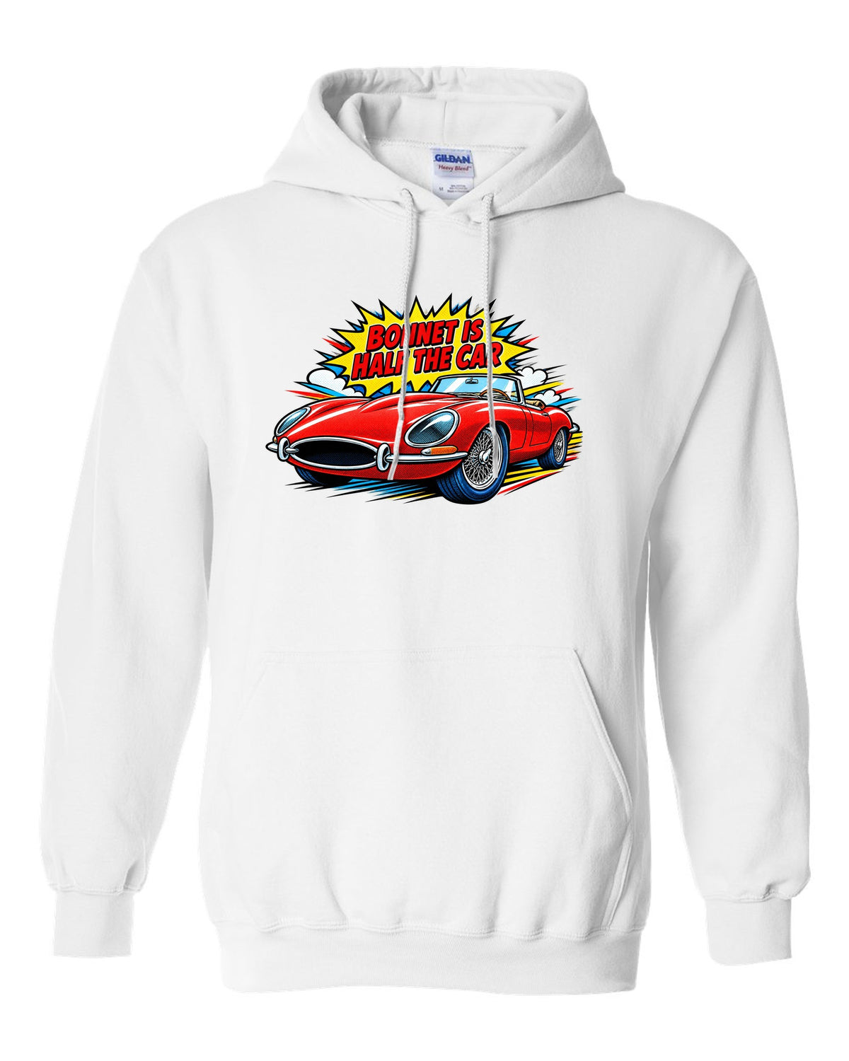 Comic halftone pop art print of a 1961 Jaguar E-Type Series 1 with bonnet is half the car lettering white pull over hoodie front view with the design