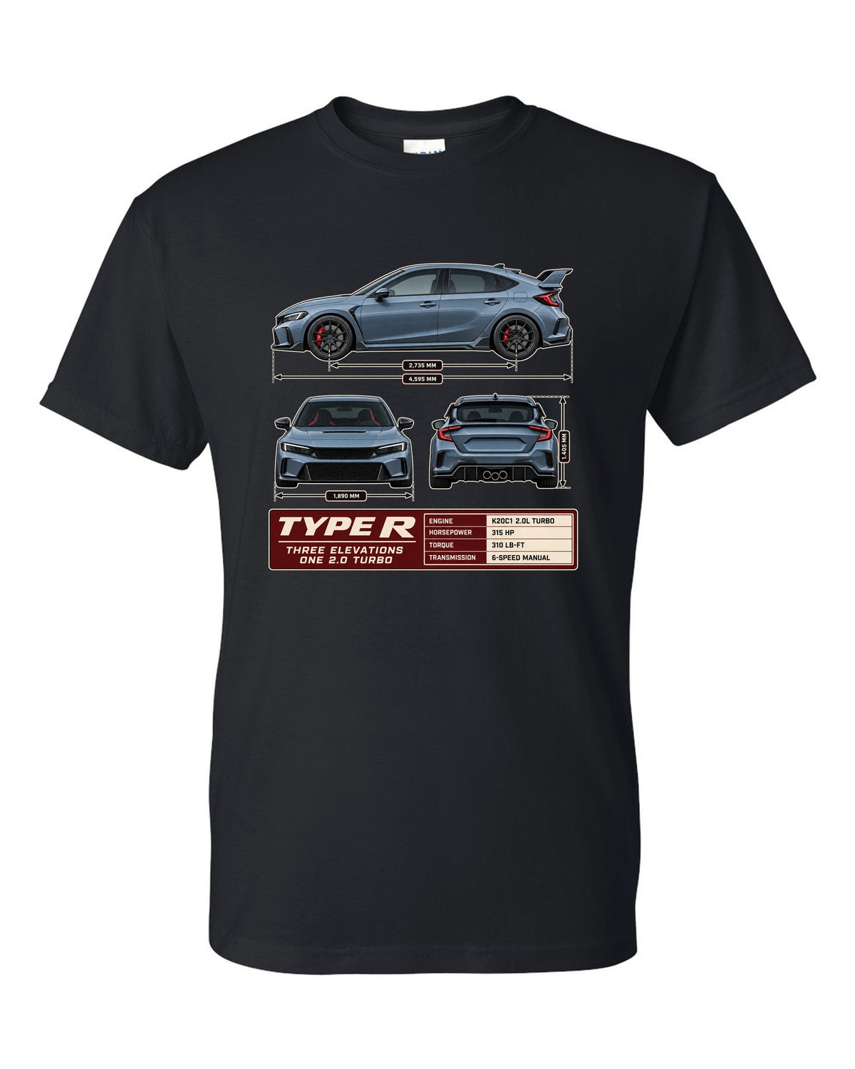 Civic Type R FL5 Three-View Spec Sheet Tee for Car Guys black t-shirt front view with the design