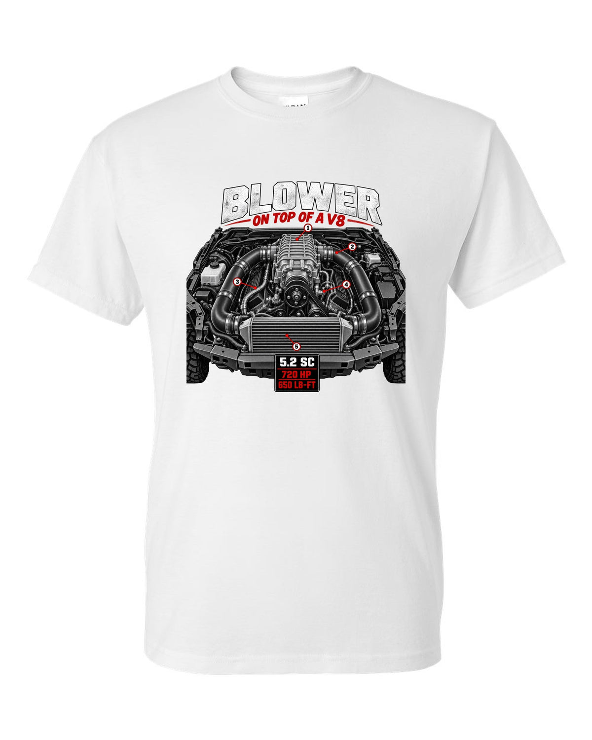 Ford F-150 Raptor R P702 engine hero print with 5.2 supercharged V8 and 720 HP white t-shirt front view with the design