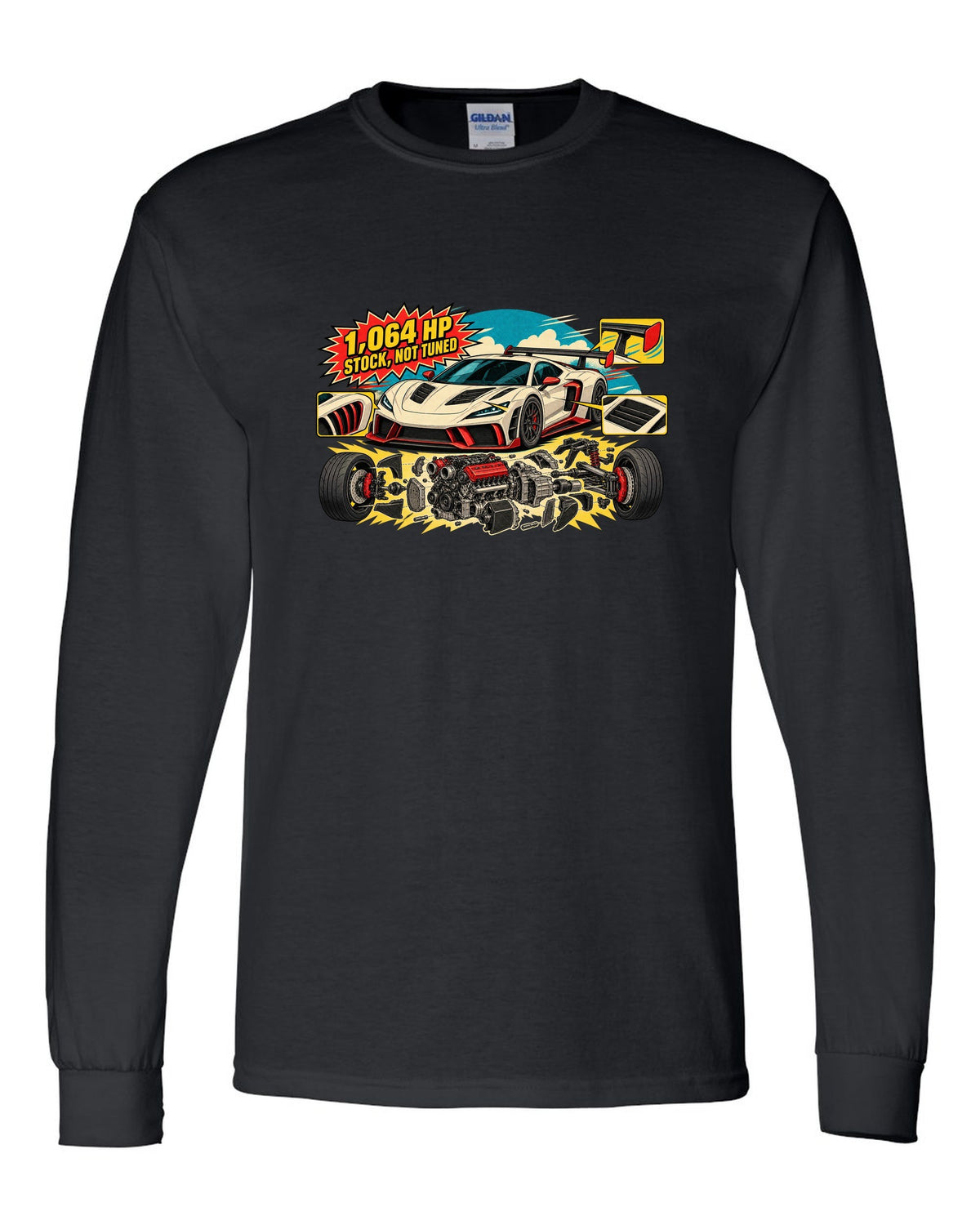 Exploded flat-plane V8 engine schematic with a 2023 C8 Corvette Z06 black long sleeve front view with the design