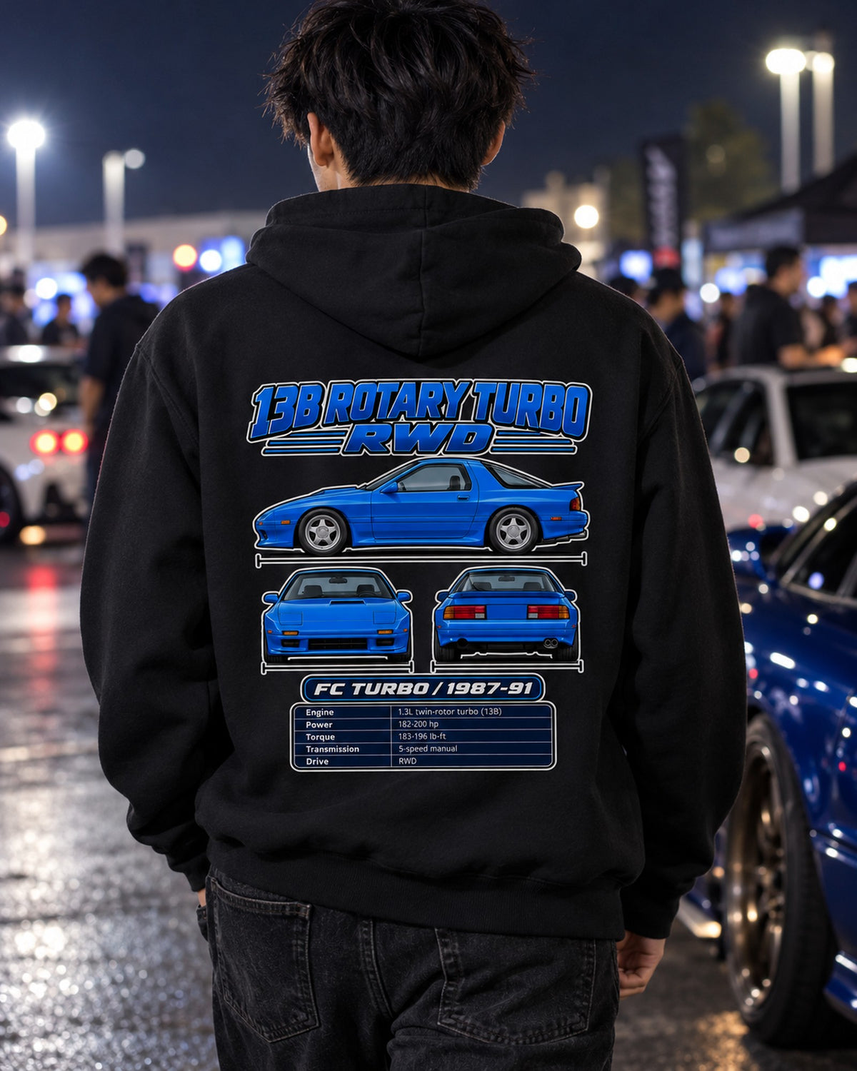 Mazda Rx 7 Fc Turbo Spec Sheet Full-Back Graphic Tee Pull Over Hoodie Black worn hero