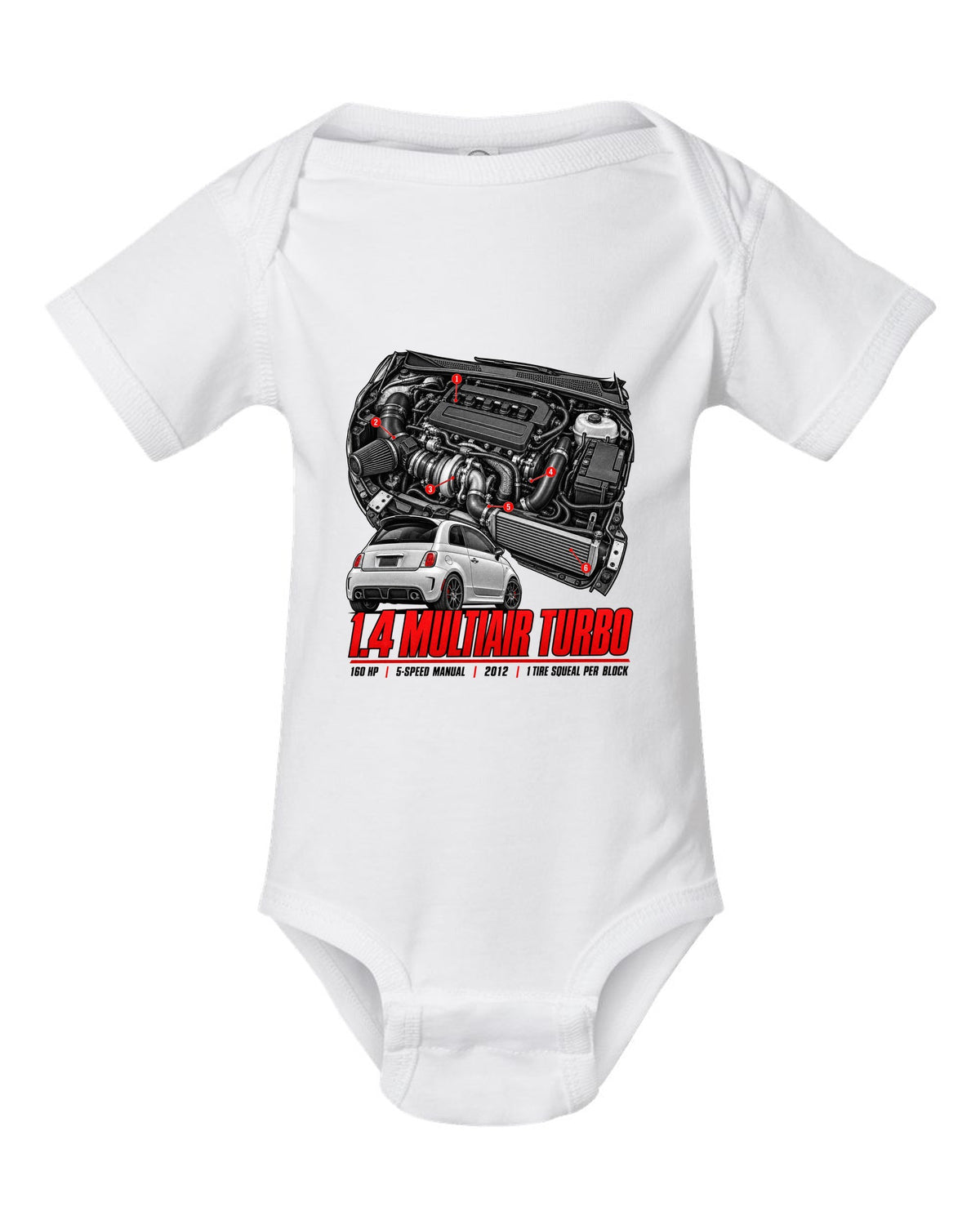 Fiat 500 Abarth engine bay hero poster with 1.4 MultiAir turbo figures white baby onesie front view with the design