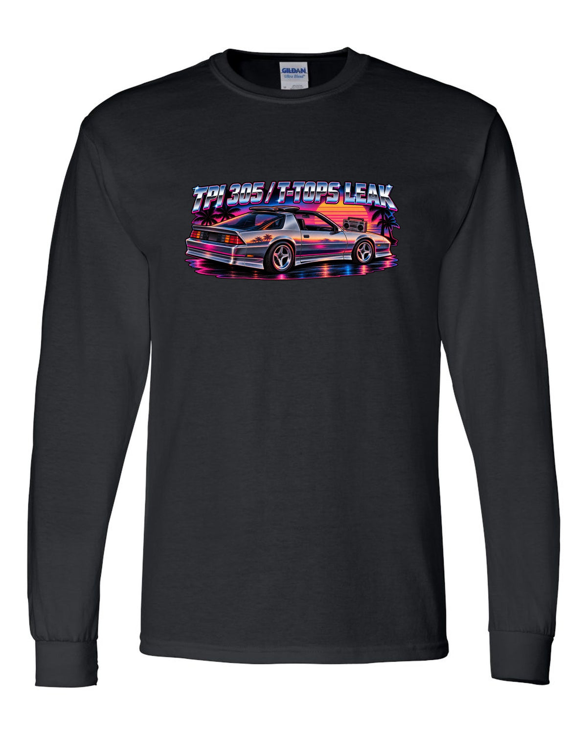 80s airbrush art with chrome type and lightning bolts of a 1985 Chevrolet Camaro IROC-Z black long sleeve front view with the design