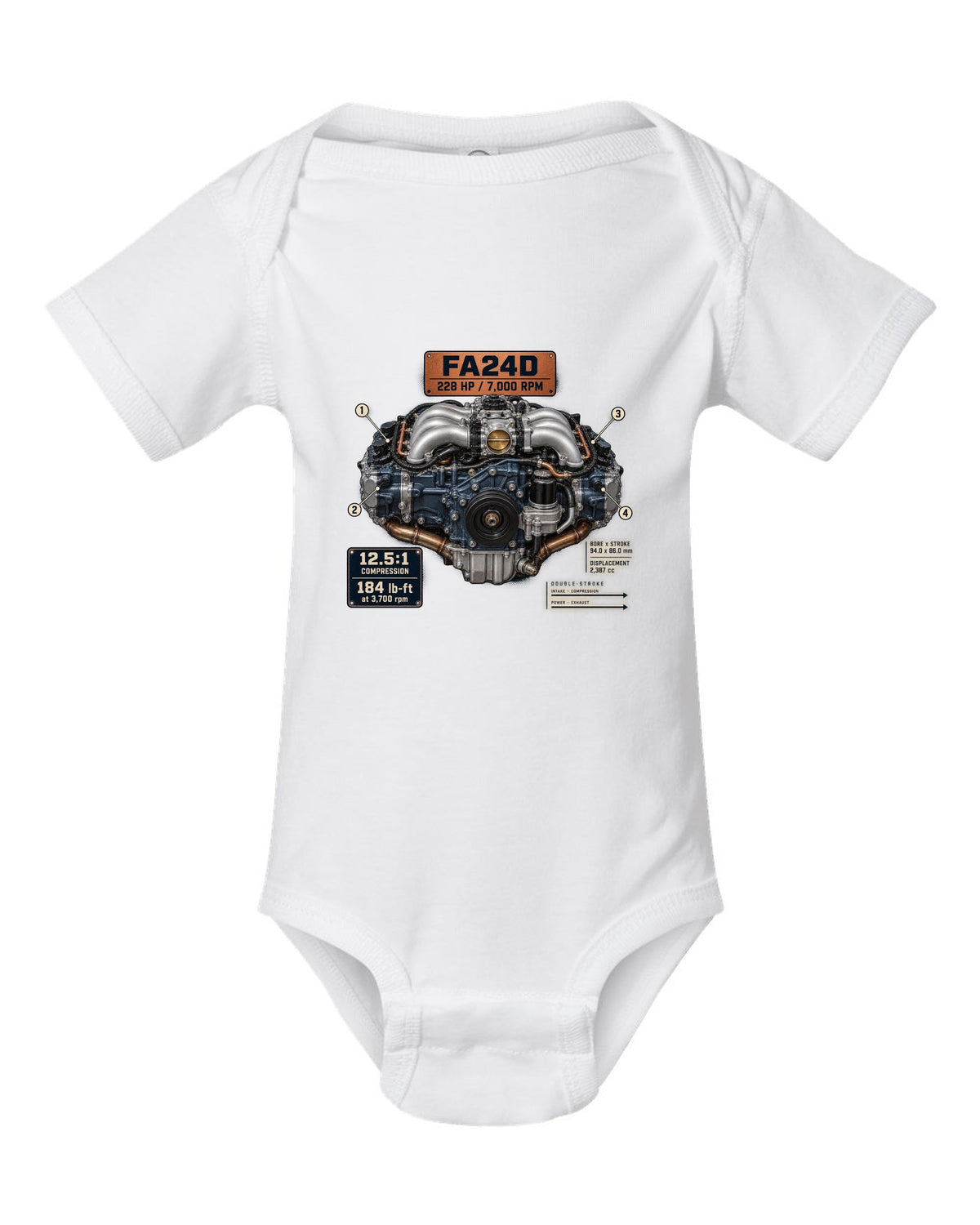 Poster-style engine print of the FA24D flat-four from the Subaru BRZ ZD8 and Toyota GR86 ZN8 white baby onesie front view with the design