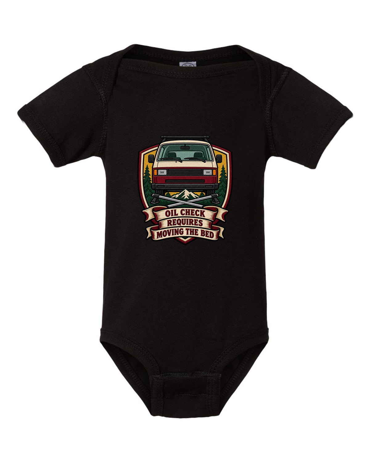 Varsity crest print for a VW T3 Vanagon with oil check requires moving the bed text black baby onesie front view with the design