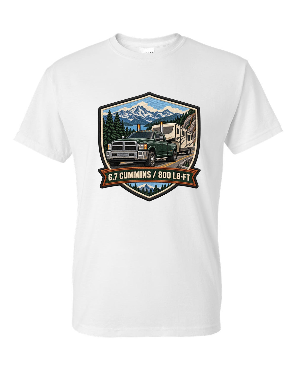 Varsity crest of a 2010-2018 Ram 2500 4th gen towing a camper with 6.7 Cummins 800 LB-FT lettering white t-shirt front view with the design