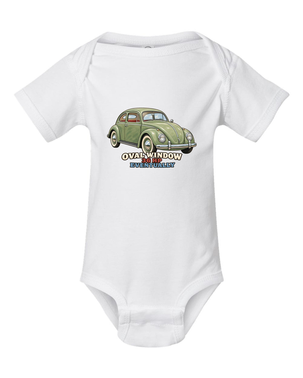 Gouache painted print of a 1956 VW Beetle Type 1 oval window with 36 HP lettering white baby onesie front view with the design