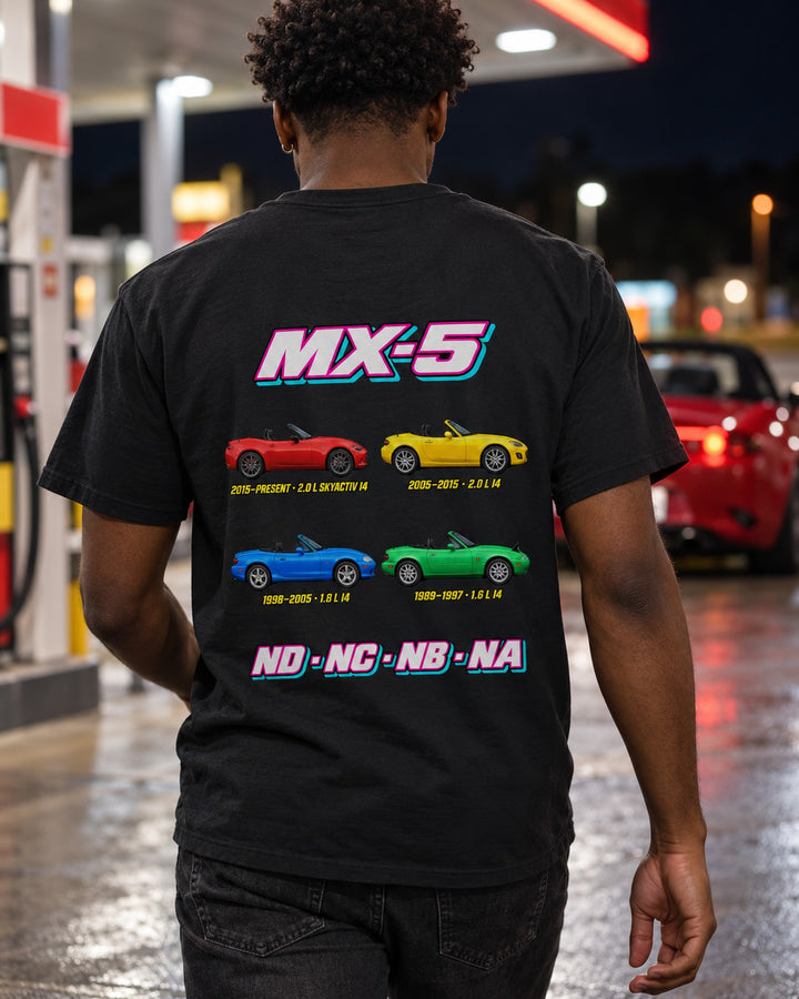 Mazda MX-5 Evolution Poster Full-Back Graphic Tee T-Shirt Black worn hero