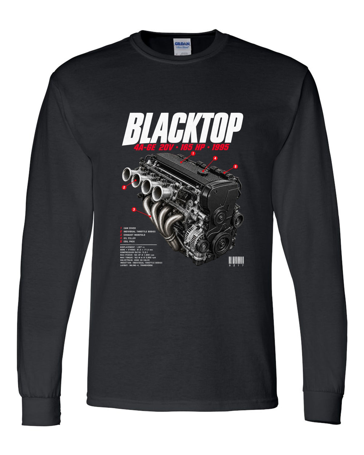 Engine bay hero print of the blacktop 4A-GE 20V in a Toyota Corolla Levin AE111 black long sleeve front view with the design