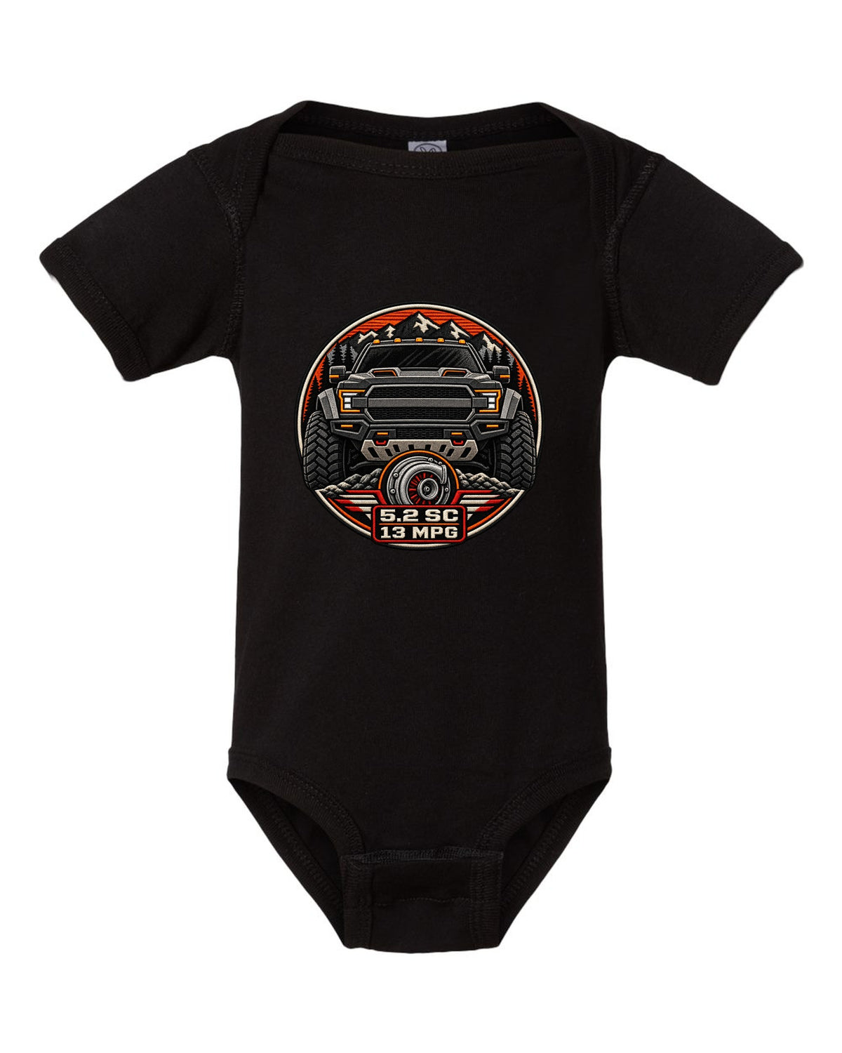 Varsity badge crest print of the Ford F-150 Raptor R P702 with 5.2 SC and 13 MPG text black baby onesie front view with the design