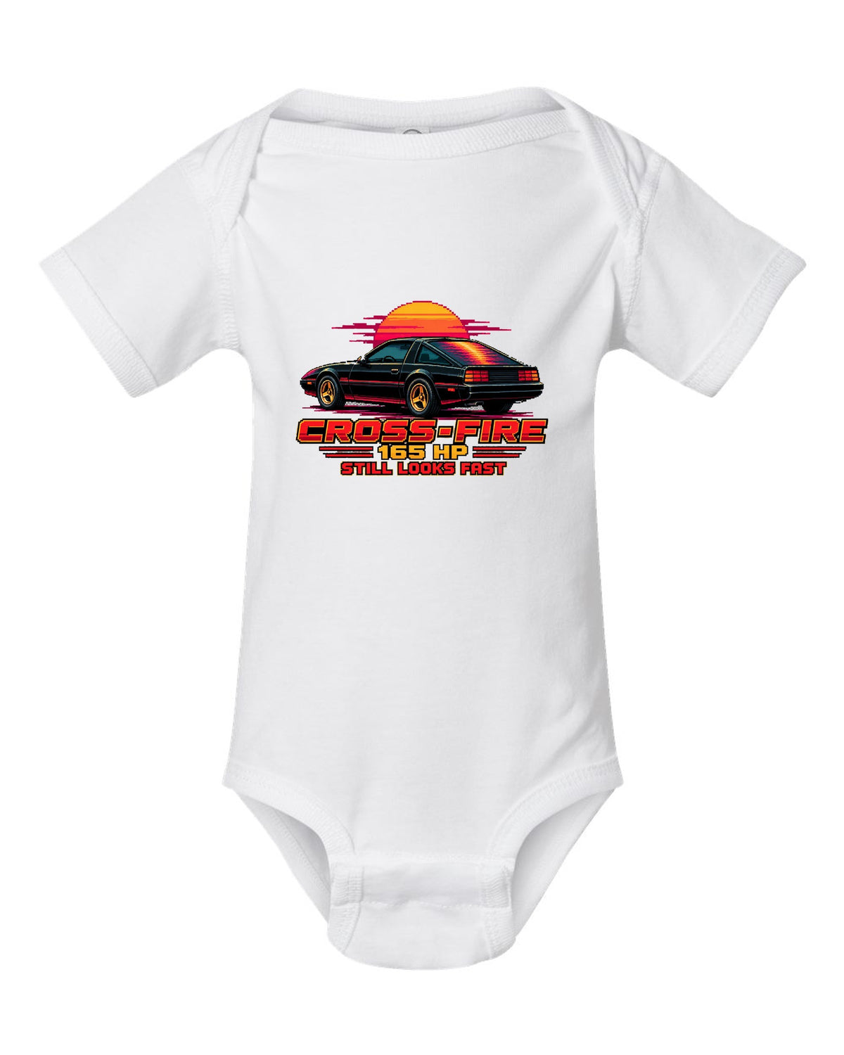 1982 Chevrolet Camaro Z28 pixel art print with Cross-Fire 165 HP text white baby onesie front view with the design