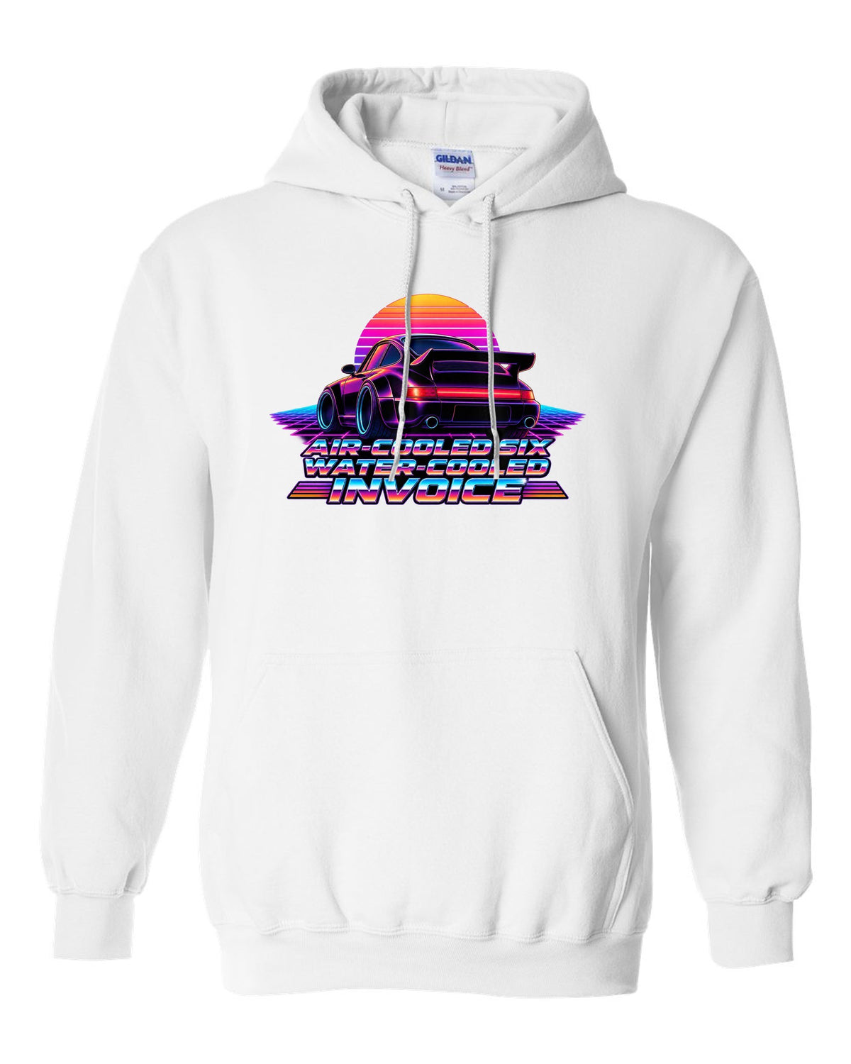 Synthwave gradient print of a Porsche 911 Turbo 964 with air-cooled six water-cooled invoice lettering white pull over hoodie front view with the design