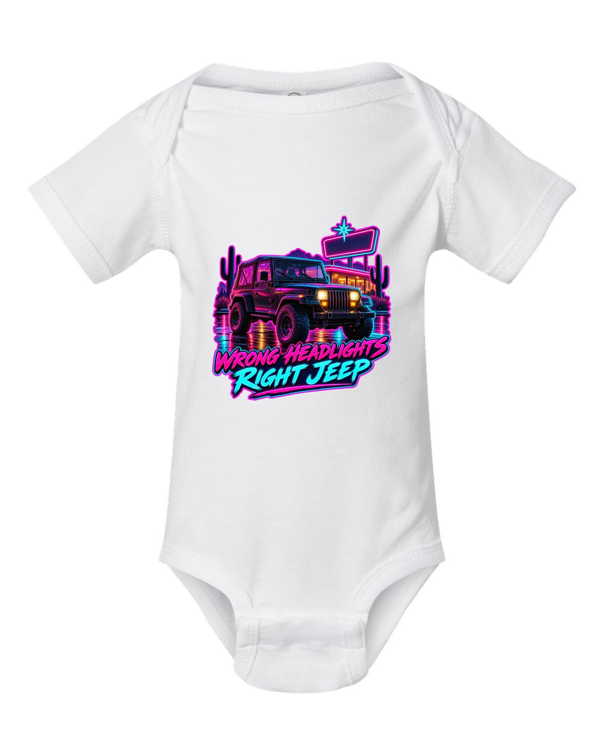 Synthwave diner scene illustration of a Jeep Wrangler YJ with WRONG HEADLIGHTS RIGHT JEEP lettering white baby onesie front view with the design