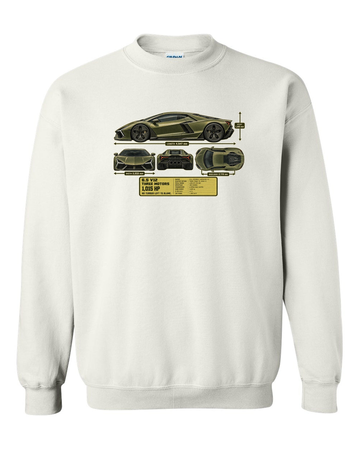 print dimension blueprint of a Lamborghini Revuelto in olive-grey white crewneck front view with the design