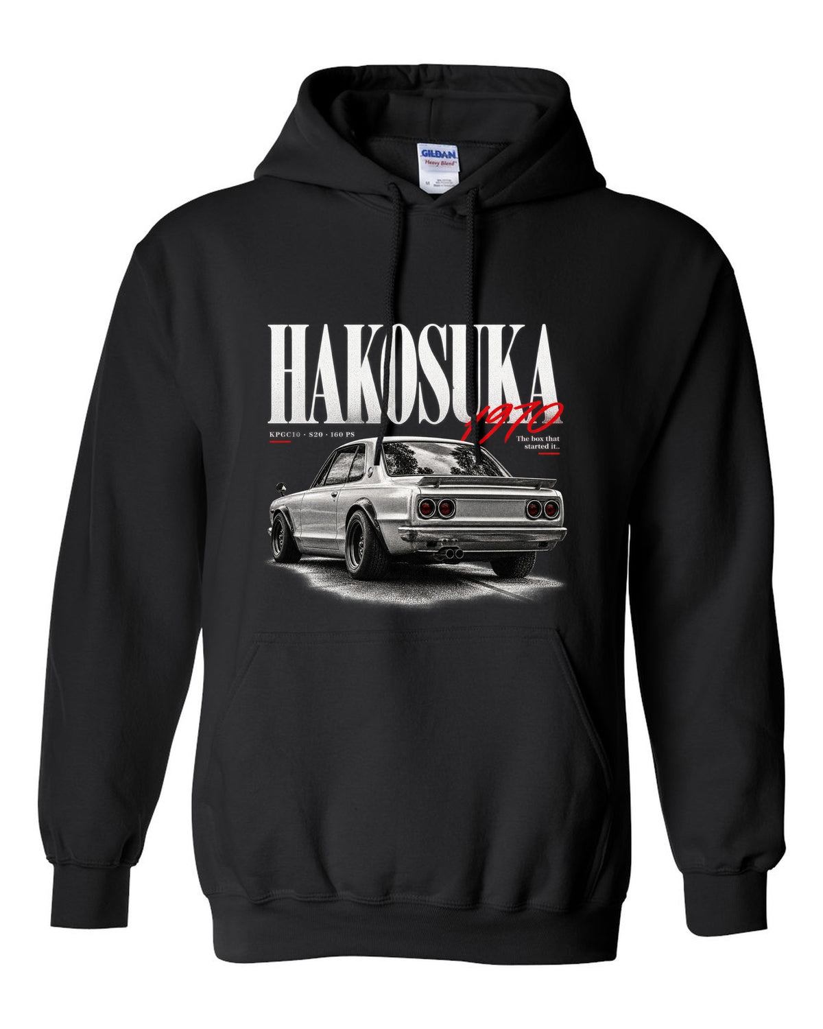 Editorial headline print of a Nissan Skyline 2000GT-R KPGC10 Hakosuka black pull over hoodie front view with the design