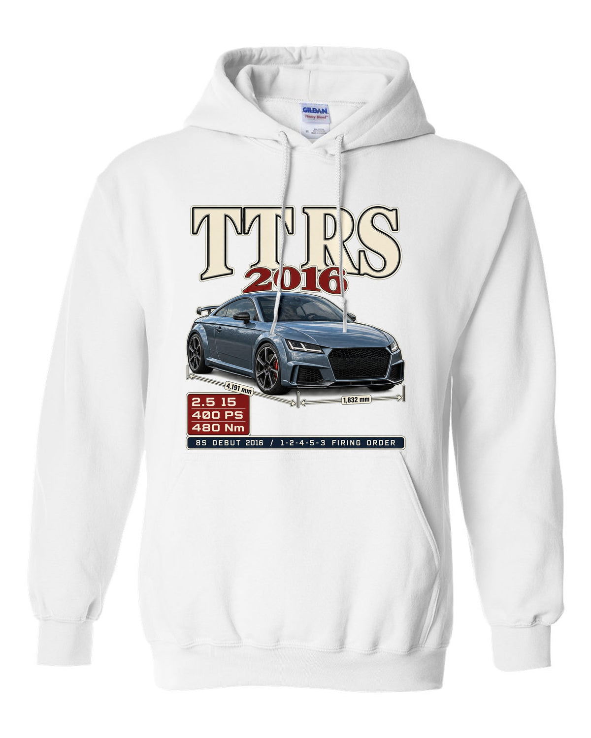 Audi TT RS 8S 2016 archive panel print with firing order white pull over hoodie front view with the design