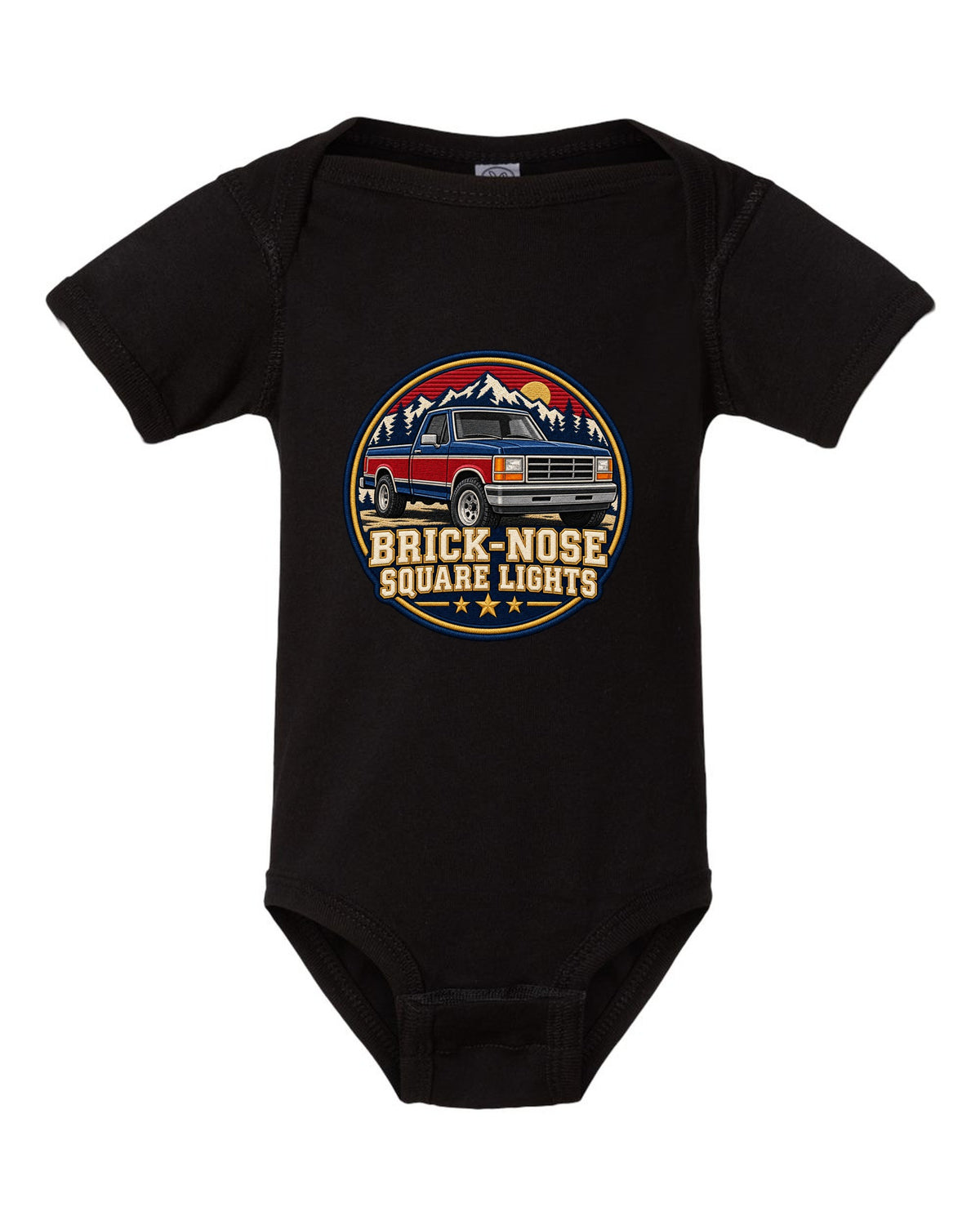 Shield crest print for a 1987-91 Ford F-150 Brick-Nose with square lights text black baby onesie front view with the design