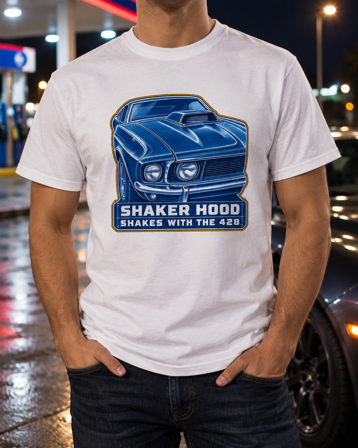 1969 Ford Mustang Fastback Shaker Hood Cyanotype Shirt T-Shirt White worn hero