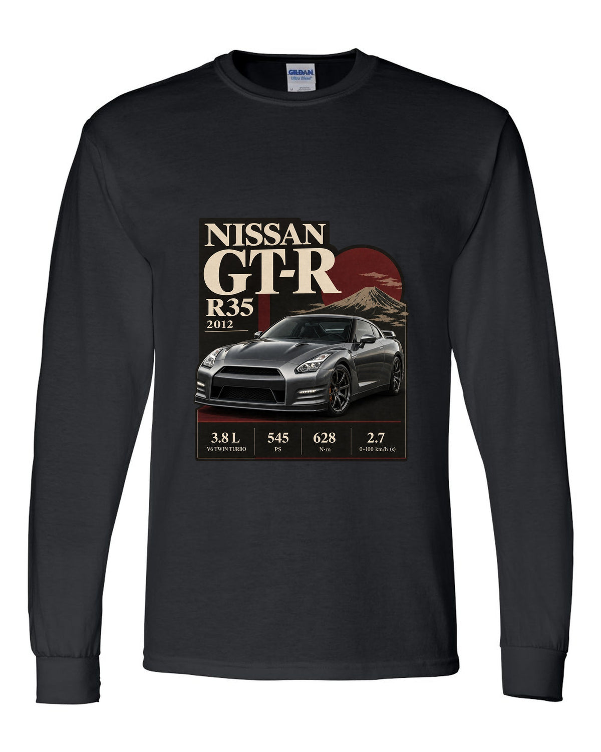 Nissan GT-R R35 2013 Track Edition in dossier panel layout black long sleeve front view with the design