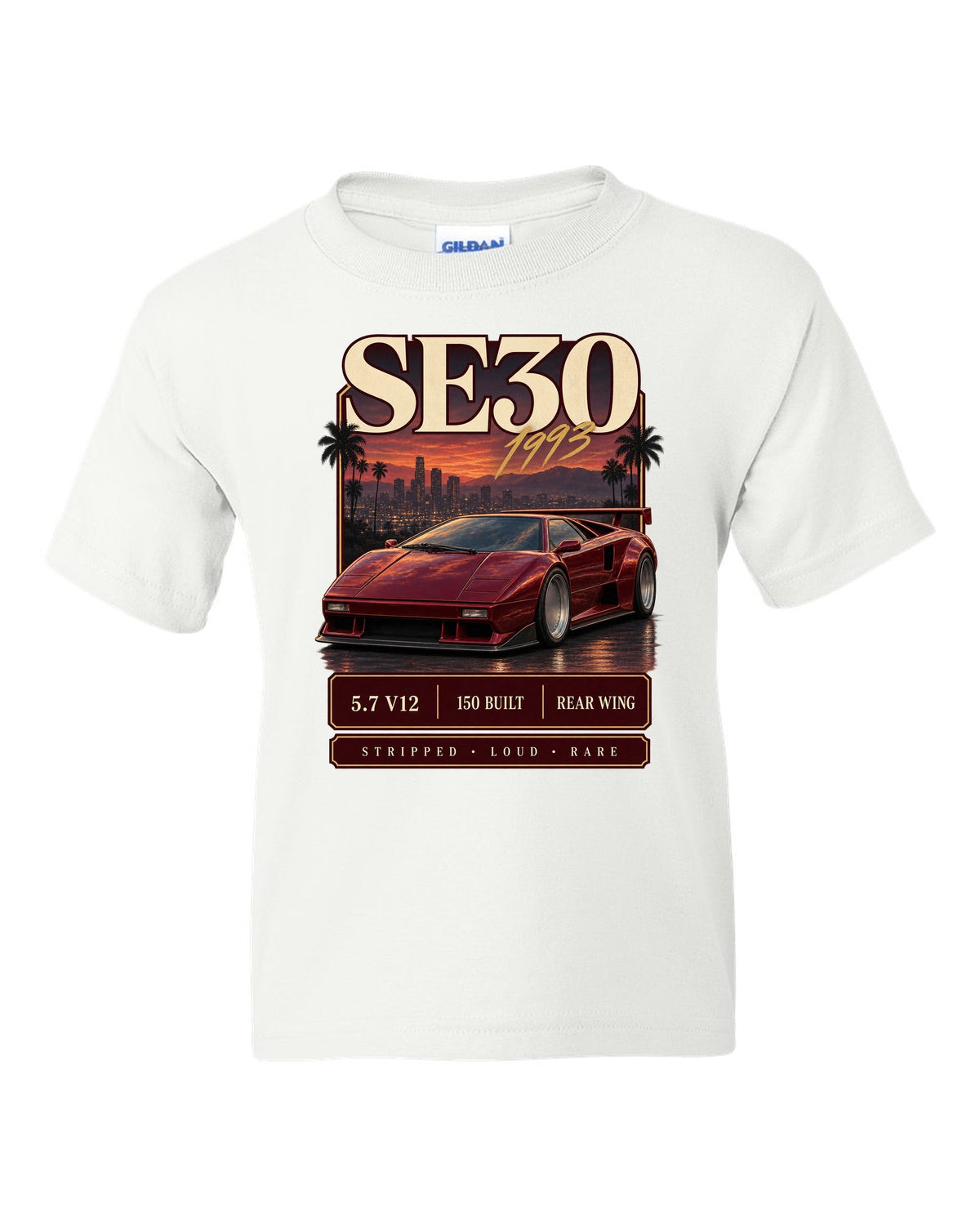 Archive panel print of a Lamborghini Diablo SE30 with 5.7 V12 and 150 built text white kids tee front view with the design